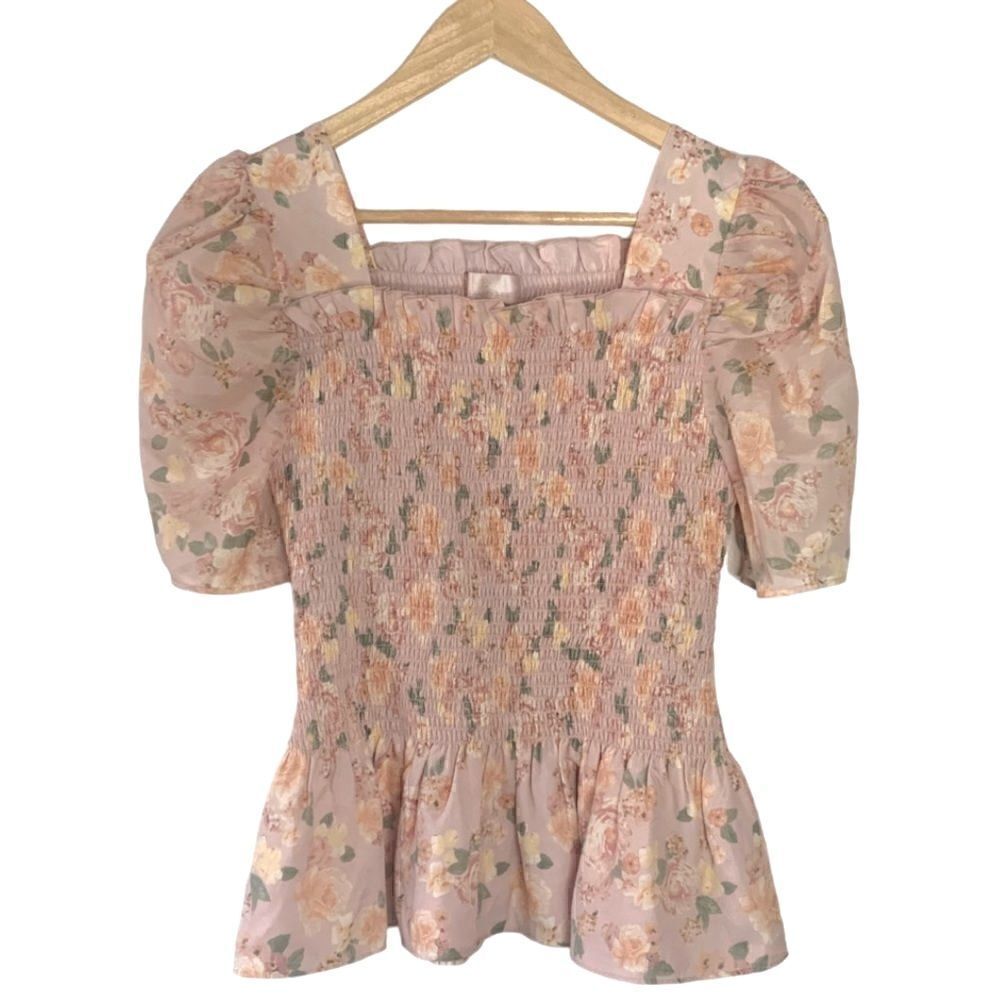 Rachel Parcell Pink Floral Square Neck Smock Top